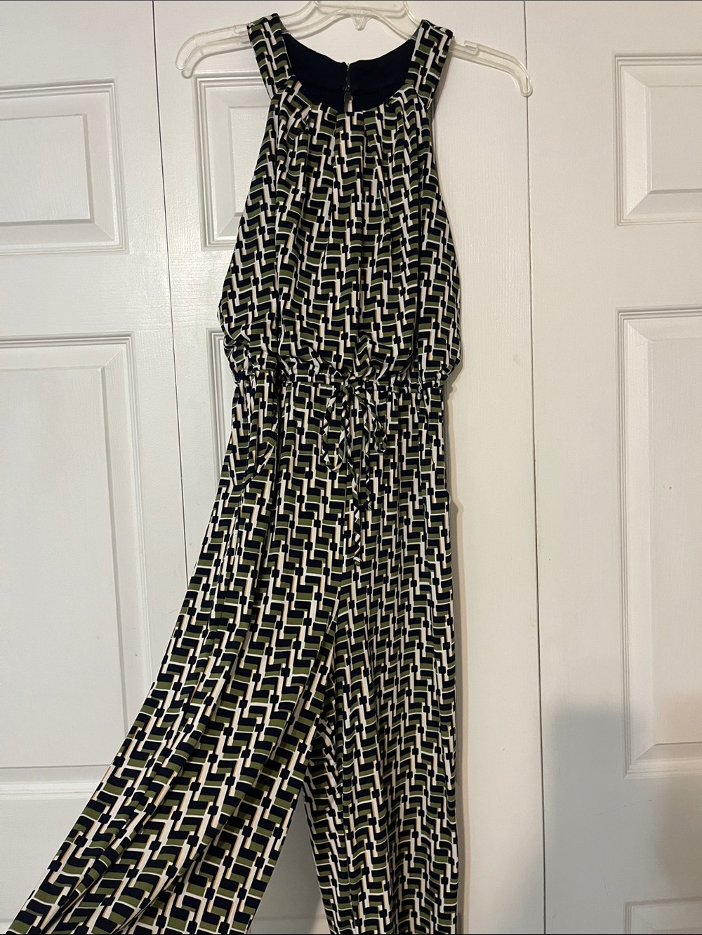 Enfocus Petite Geometric Print Halter Jumpsuit in Black, White & Olive